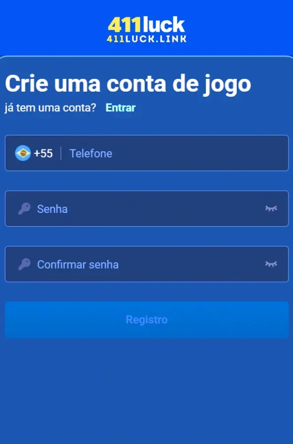 Página de registro 411LUCK com formulário simples e seguroa